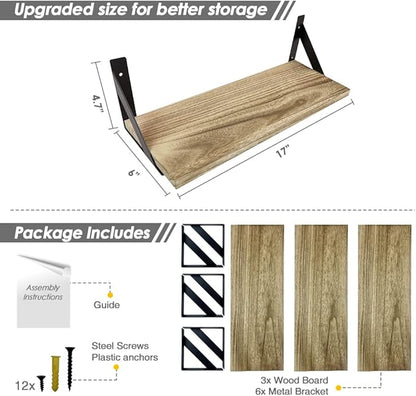 Floating Shelves with Black Metal Brackets Set of 3, Light Wood Wall Bookshelf for Bedroom Over Desk Bed, Hanging Shelf for Office Kitchen Living Room, Bathroom Over Toilet (Natural Color)