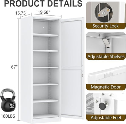 67" Metal Storage Cabinet with Lock, Tall Narrow Office File Cabinets with 5 Adjustable Shelves, Metal Steel Locker for Home, School, Office, Garage or Gym (White)