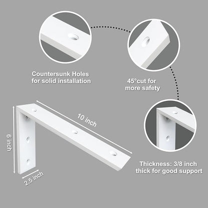 Heavy Duty Countertop Support Bracket 2 Pack - 10"x6"x2.5" White Granite/Quartz/Concrete/Laminate Shelf L Bracket