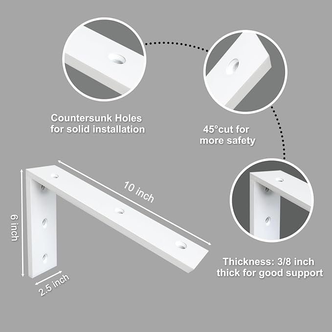 Heavy Duty 3/8" Thick White Granite Countertop Support Bracket 3 Pack - 10"x6"x2.5" Shelf L Bracket Mantel Corbels for Quartz, Granite, Wood, Concrete, Laminate Countertops