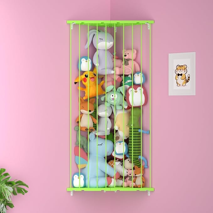 Corner Stuffed Animal Storage Net - Stuffed Animals Holder with Lights - Plush Organizer Hanging Stuffed Animal Hammock for Wall (Green, X-Large)