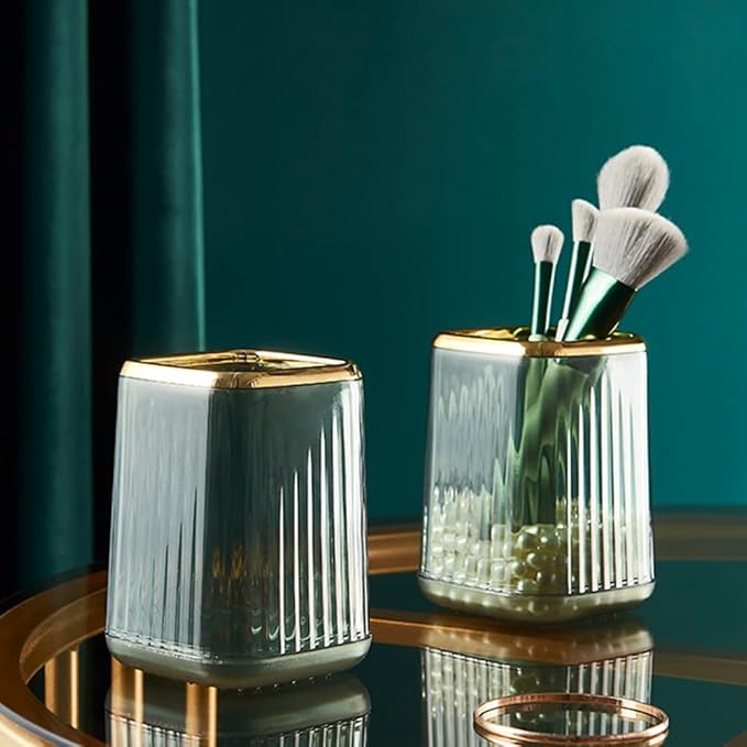 Makeup Brush Holder Organizer for Vanity, Acrylic Gold Make Up Brushes Holders Container Storage Cup with Striped Design for Bathroom Countertop, Pen Pencil Holder Cosmetic Cup for Desk