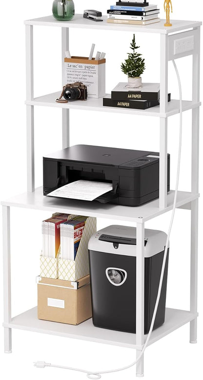 Printer Stand with Charging Station, 49"Tall 4-Tier printer Stand with Storage, Large Printer Table for Home Office, Kitchen, Living Room, PrinterCart Beside Desk for Printer, Scanner (White)