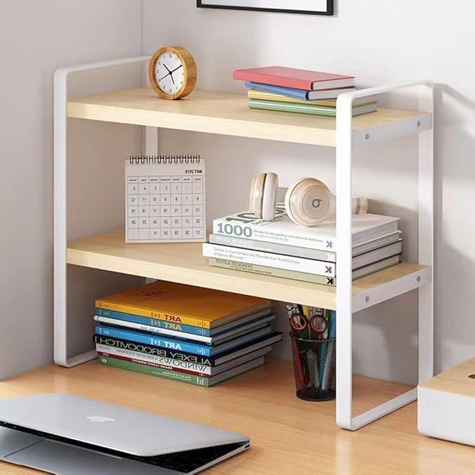 Hbluefat Desktop Organizer Shelf, 2-Tier Multipurpose Tabletop Storage Bookshelf, Small Wooden Countertop Storage Rack for Home Office Kitchen (Wood+White)