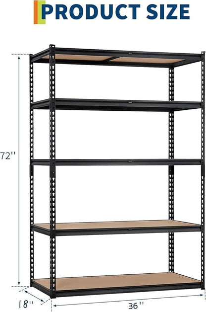Heavy Duty Garage Storage Shelves, 5-Tier Metal Adjustable Shelving Unit, Storage Shelving with 2500 LBS Capacity for Kitchen Pantry Basement Bathroom Laundry, 36" l x 18" w x 72" h