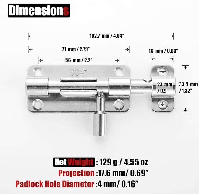 JQK Door Security Slide Latch Lock Barrel Bolt, 304 Stainless Steel Sliding Gate Latches Thickened 1.4mm with Padlock Hole, Silver, 4 Pack HBB120-P4