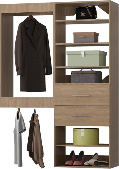 ROOMTEC Modular Closet System, 49" Wall Mounted Closet Organizer with Hanging Rods and Drawers, Wooden Tower for Walk-In Closets, Wardrobe Storage Kit, Wood