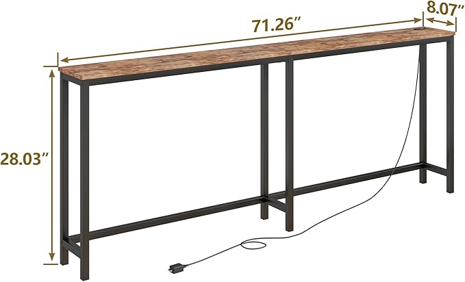 BOFENG 71.5 Inch Thin Console Table with Power Outlets,Narrow Sofa Table with Charging Station,Long Side Table Behind Sofa Couch Table for Entryway,Hallway,Living Room,Foyer,Rustic Brown