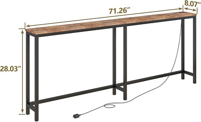 BOFENG 71.5 Inch Thin Console Table with Power Outlets,Narrow Sofa Table with Charging Station,Long Side Table Behind Sofa Couch Table for Entryway,Hallway,Living Room,Foyer,Rustic Brown