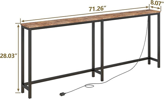 BOFENG 71.5 Inch Thin Console Table with Power Outlets,Narrow Sofa Table with Charging Station,Long Side Table Behind Sofa Couch Table for Entryway,Hallway,Living Room,Foyer,Rustic Brown