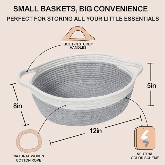 Small Dog Toy Basket, Woven Cotton Rope Storage Box for Cat Dog, Pet Baby Nursery Organizer, Empty Baskets for Gifts, Wicker Basket with Handles, Cute Shelf Bin for Decor, 12"x 8"x 5", Gray