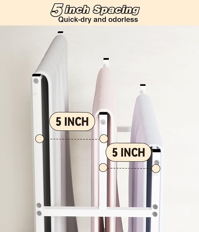44” Tall Free Standing Towel Racks with 6 Hooks for Bathroom, 3 Tiers Oversized Pool Bath Towels Drying Stand, Metal Blanket Ladder Holder with Storage Shelf for Bedroom Living Room, White