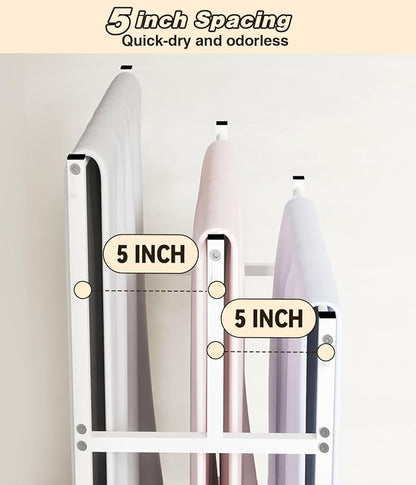 44” Tall Free Standing Towel Racks with 6 Hooks for Bathroom, 3 Tiers Oversized Pool Bath Towels Drying Stand, Metal Blanket Ladder Holder with Storage Shelf for Bedroom Living Room, White