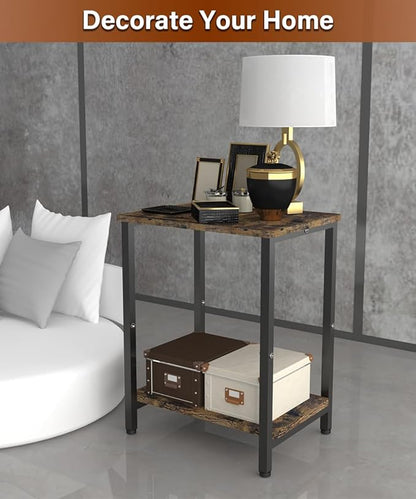 2 Tier Side Table, Heavy Duty End Table with Shelves, Narrow nightstand Table for Small Spaces, Record Player Table for Bedroom, Living Room, Sofa Couch - Rustic Brown & Black
