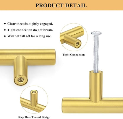 30Pack 3''Hole Centers Gold Cabinet Handles-Brushed Brass Cabinet Pulls Gold Dresser Drawer Pulls-Stainless Steel Door Hardware for Kitchen Bathroom Bedroom Furniture-5''Overall Length