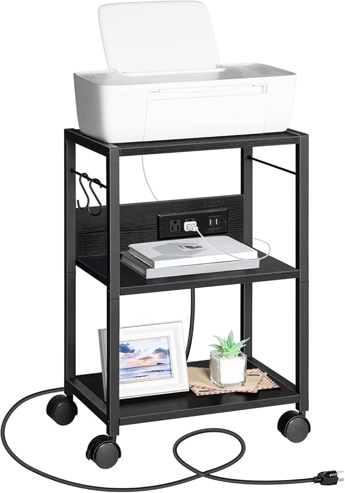 Industrial Printer Cart, 3-Tier Mobile Printer Stand, Rolling Cart with Power Outlets and USB Ports, Home Printer Stand with 2 Hooks, for Office, Living Room, Black PTHB40E01