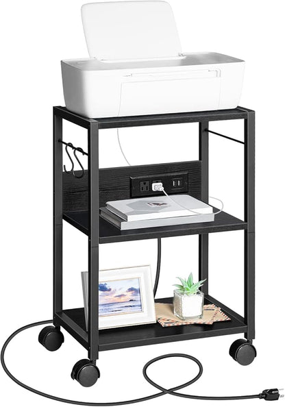 Industrial Printer Cart, 3-Tier Mobile Printer Stand, Rolling Cart with Power Outlets and USB Ports, Home Printer Stand with 2 Hooks, for Office, Living Room, Black PTHB40E01
