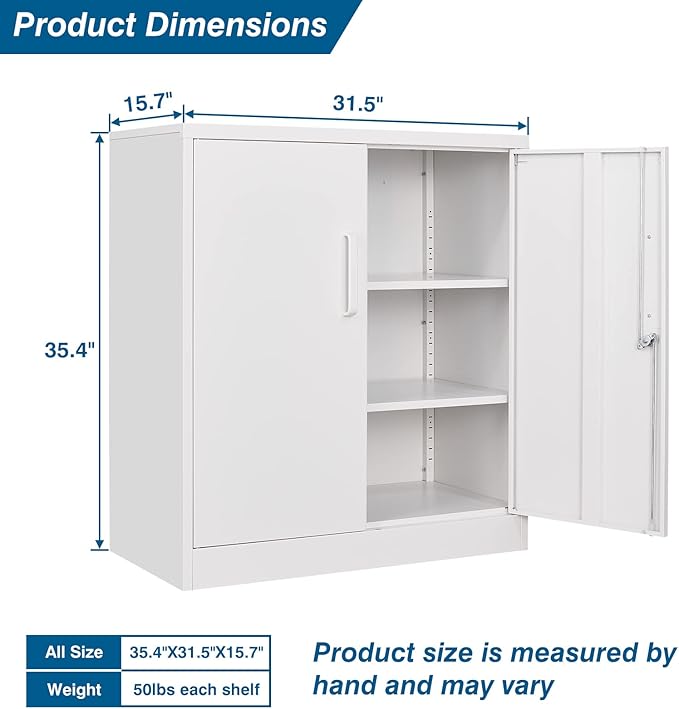 Metal Storage Cabinet with Lock, 36" Small Steel Locker Storage Cabinets, 2 Adjustable Shelves 2 Doors for Home, Office, Garage and Kitchen (White)
