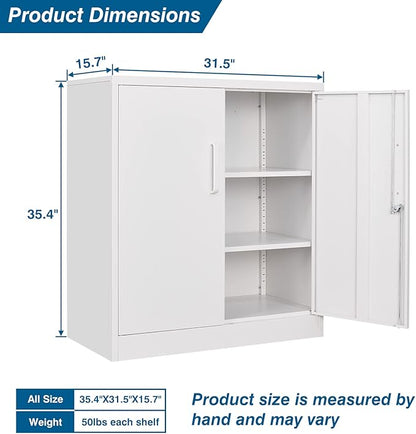 Metal Storage Cabinet with Lock, 36" Small Steel Locker Storage Cabinets, 2 Adjustable Shelves 2 Doors for Home, Office, Garage and Kitchen (White)
