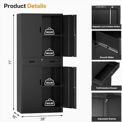 Metal Storage Cabinets with 1Drawer, 71" Storage Cabinet with 4 Locking Doors and 2 Adjustable Shelves, Steel Storage File Cabinet for Pantry Home, Kitchen, Office, Garage (Black)