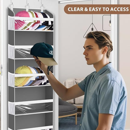 Over the Door Hat Organizer & Rack - Holds 60 Baseball Caps, Hat Storage for Closet Door Wall with 10 Clear Mesh Pockets, Grey