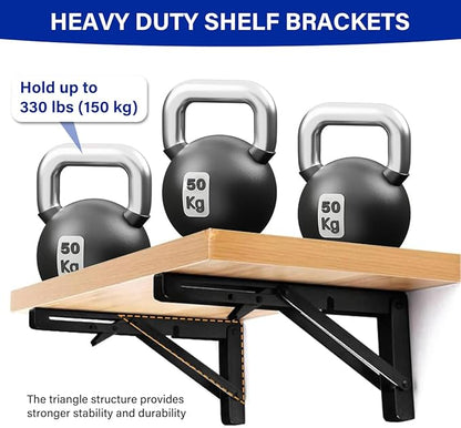 2 Pack 10'' Folding Shelf Brackets Max. Load 580 lb, Heavy Duty Stainless Steel DIY Wall Mounted Shelf Bracket Space Saving for Table Work Bench