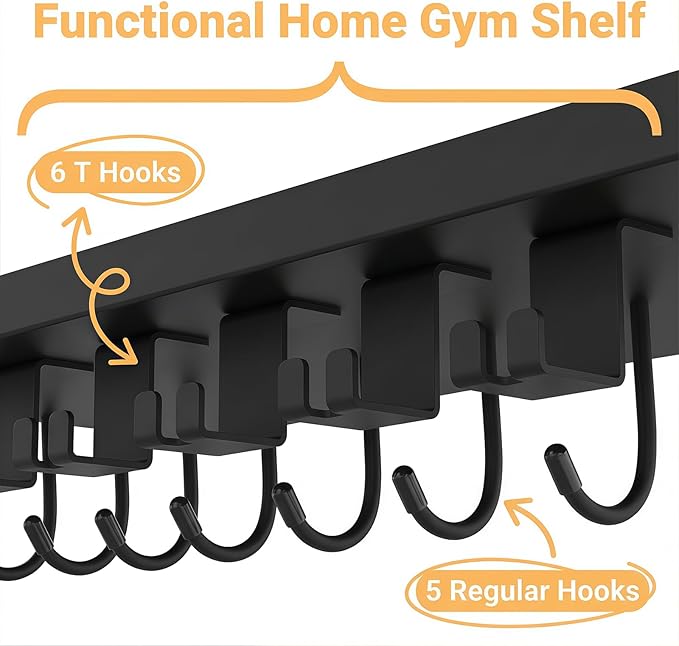 Floating Shelf Organizer Compatible with Tonal Accessories,16.9x6Home Gym Weight wall Storage Equipment Hanger, Metal Rack Holder Wall Mount with 5 T-Lock Brackets & Hooks Hanger (Black)