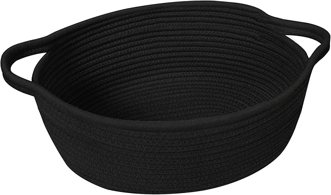 Small Woven Gift Basket, Baskets for Gifts Empty, Cotton Rope Cat Dog Toy Bin Box, Nursery Baby Organizer, Wicker Easter Basket with Handle, Shelf Storage Bin for Decor, Black, 12"x 8"x 5"
