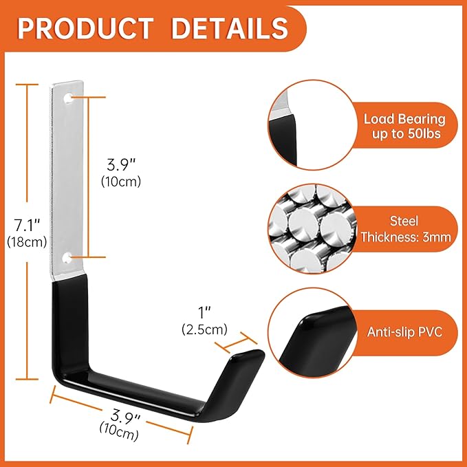 Heavy Duty Steel Utility Hooks, 4 Pack, Wall Mount, 50lbs Weight Capacity, Rust Resistant, Adjustable Easy Install, for Garage, Shed, Workshop Storage and Organization