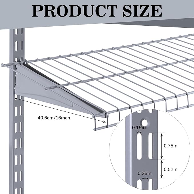 Adjustable Locking Shelf Bracket 16 Inch Shelf Brackets Heavy Duty Wire Shelving Brackets for Deep Wire Shelving Double Track System(Gray,6 Pcs)