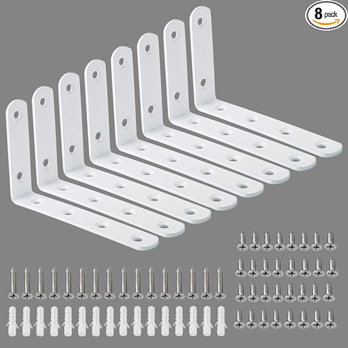 Alise 8 Pack Floating Shelf Brackets,White Heavy Duty L Bracket Corner Brace,Stainless Steel Corner Brackets,Joint Angle Bracket for Hanging Support,Shelves Support DIY (5 x 3 Inch)