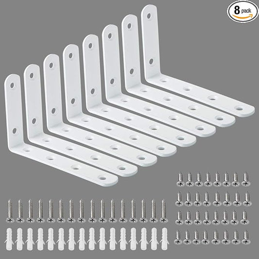 Alise 8 Pack Floating Shelf Brackets,White Heavy Duty L Bracket Corner Brace,Stainless Steel Corner Brackets,Joint Angle Bracket for Hanging Support,Shelves Support DIY (5 x 3 Inch)