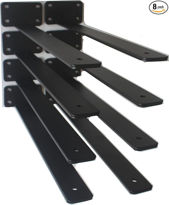 8 Pack - 16 inch Black Hidden L Shelf Bracket (1/5 Inch Thicked) Iron Floating Shelf Brackets Rustic Industrial Metal Brackets for Shelf Support