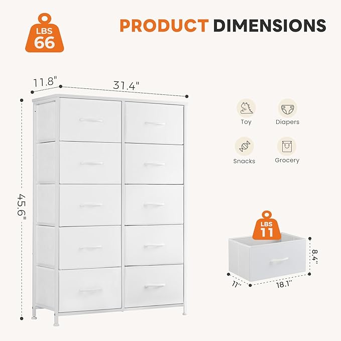 Sweetcrispy 10 Drawer Fabric Dresser Storage Tower with Bins, Tall Chest Organizer for Bedroom Closet Hallway, Steel Frame Wood Top Easy Pull Handles,White