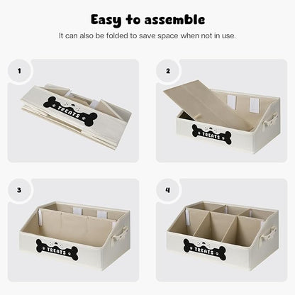Dog Treat Container, Dogs Storage Organizer with Removable Dividers, Collapsible Dogs Treat Holder for Countertop, Trapezoid Pet Treats Containers, Dog Toy Basket with PU Handles, Medium, Beige