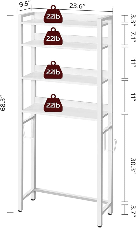 Over The Toilet Storage Rack, 4 Tier Bathroom Organizer Over Toilet, Freestanding Space Saver Toilet Stand with 2 Hooks, Bathroom Storage Shelf, Easy to Assemble, White TSBW0401
