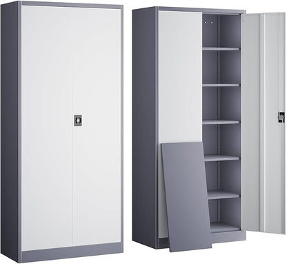 Yizosh Metal Garage Storage Cabinet with Lock, 71" Locking Tool Cabinet with 2 Doors and 5 Shelves, Tall Steel Cabinet for Garage, Heavy Duty File Cabinet for Office, School (Gray White)
