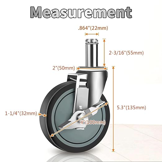 4 inches Casters for Wire Shelving Racks, Heavy Duty Metro Rack Wheels with Brake Set of 4 Stem Casters Scaffolding Wheel Replacement (.864" x 2-3/16")
