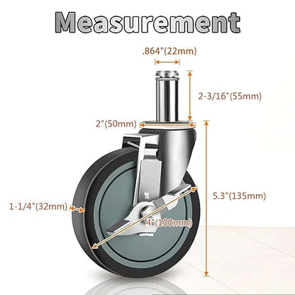 4 inches Casters for Wire Shelving Racks, Heavy Duty Metro Rack Wheels with Brake Set of 4 Stem Casters Scaffolding Wheel Replacement (.864" x 2-3/16")