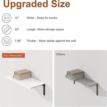 Fun Memories Deep Floating Shelves for Wall, 12 Inch Deep White Wall Shelf, 24 Inch Long Floating Shelves with Bracket Set of 2, Rustic Deep Storage Shelf for Bedroom, Living Room, Kitchen