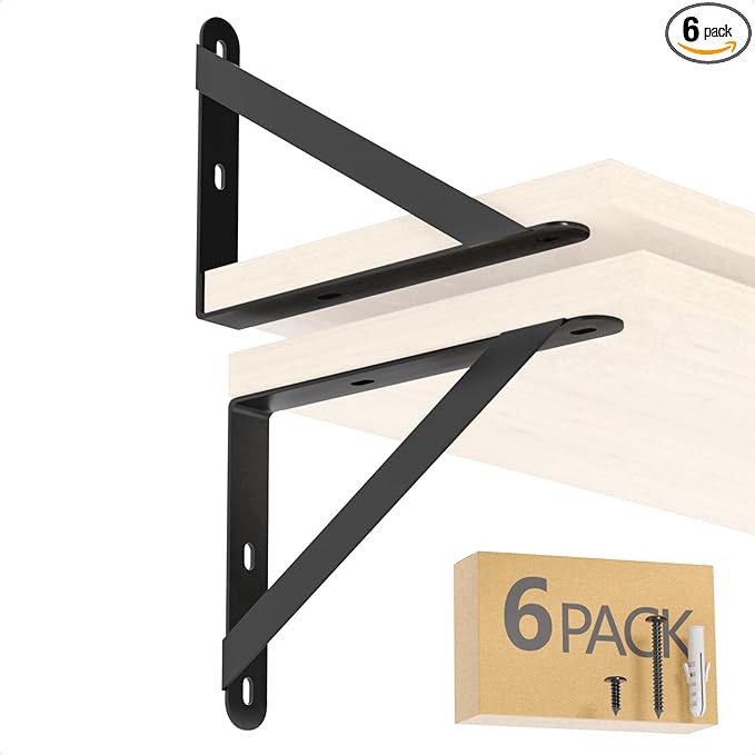 6.7x4.7 Shelf Brackets 6-Pack, Shelf Support Shelf Holder Steel Wall Mount Heavy Duty Small L Shape Triangle 90 Degree Metal Black with Screws Anchors Soporte de Estante
