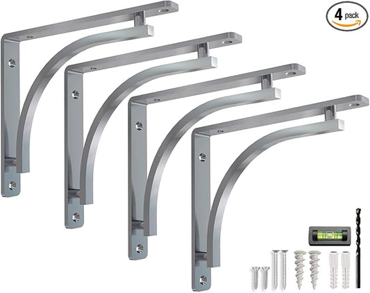 Classic Silver Heavy Duty Shelf Brackets 8 inch by Balin Designs – Chrome L Bracket, Wall Mounted Support, Shelving Metal Bracket, Decorative Shelf Brackets, with Hardware Included, Set of 4