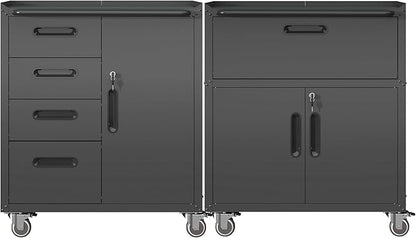 Metal Tool Cabinet,Garage Storage Cabinet System,Wall Cabinet & Locking Rolling Tool Cabinet with Doors and Adjustable Shelves,Steel Tool Cabinets for Home (2 Pcs-StyleF, Black)
