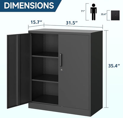 MIIIKO Metal Storage Cabinet with Locking Doors, 2-Door Storage Locker with 2 Shelves, Black Metal Cabinet with Lock for Home Office, Garage, Utility Room, Kitchen and School