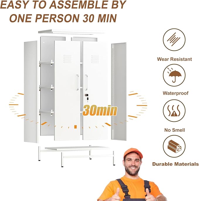 47.24" Metal Storage Locker with Lockable, Employees Metal Steel Locker with 2 Door ＆ 3 Adjustable Shelves, Small Locker Storage Cabinets for Home, School, Office, Gym (White)
