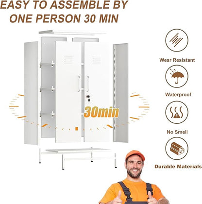 47.24" Metal Storage Locker with Lockable, Employees Metal Steel Locker with 2 Door ＆ 3 Adjustable Shelves, Small Locker Storage Cabinets for Home, School, Office, Gym (White)