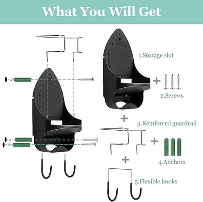 DOUBLE 2 C Ironing Board Hanger Wall Mount Electric Iron Holder Iron and Ironing Board Storage Organizer Shelf with Removable Hooks for Household Bathroom Laundry Room (Black)
