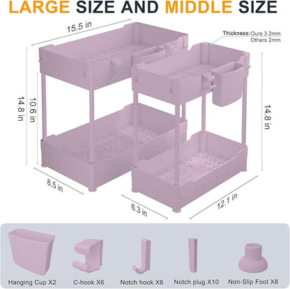 2 Pack Under Sink Organizer, Under Bathroom Cabinet Organizer with Hooks Hanging Cup, Multi-Purpose Storage Shelf for Kitchen Bathroom (Pink, 14.8 Inch)