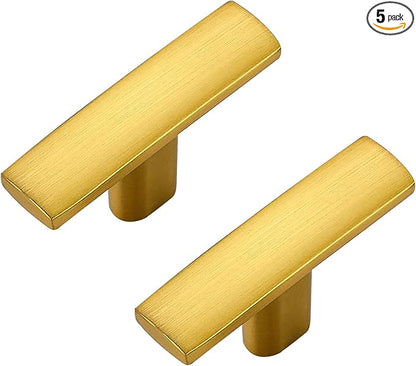 5 Pack Gold Cabinet Knobs - Curved Cabinet Pulls Brushed Brass Knobs for Kitchen Cabinet Drawer Solid Dresser Knobs for Cabinet Hardware 1-3/4in Length Single Hole