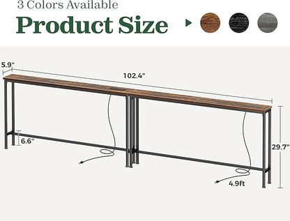 SUPERJARE 102.4 Inch Sofa Table with Power Outlets and USB-C Ports, 5.9 Inch Narrow Console Tables, Entryway Hallway Couch Tables with Storage, Behind Sofa, Small Spaces, Living Room, Rusitc Brown